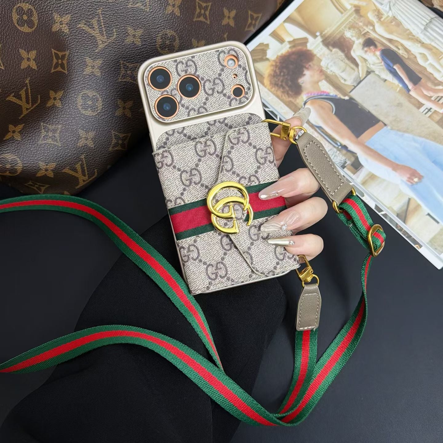 Luxury GG Supreme Monogram Wallet iPhone Case with Crossbody Lanyard Strap