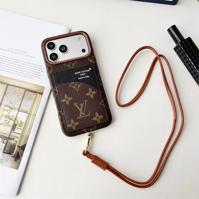 Luxury Monogram Cardholder Phone Case with Lanyard Strap For iPhone 13-18