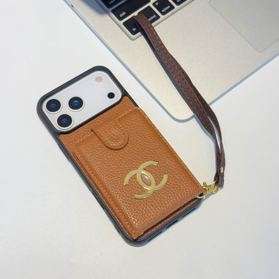 Premium Chanel Leather Phone Case with Strap for iPhone Case