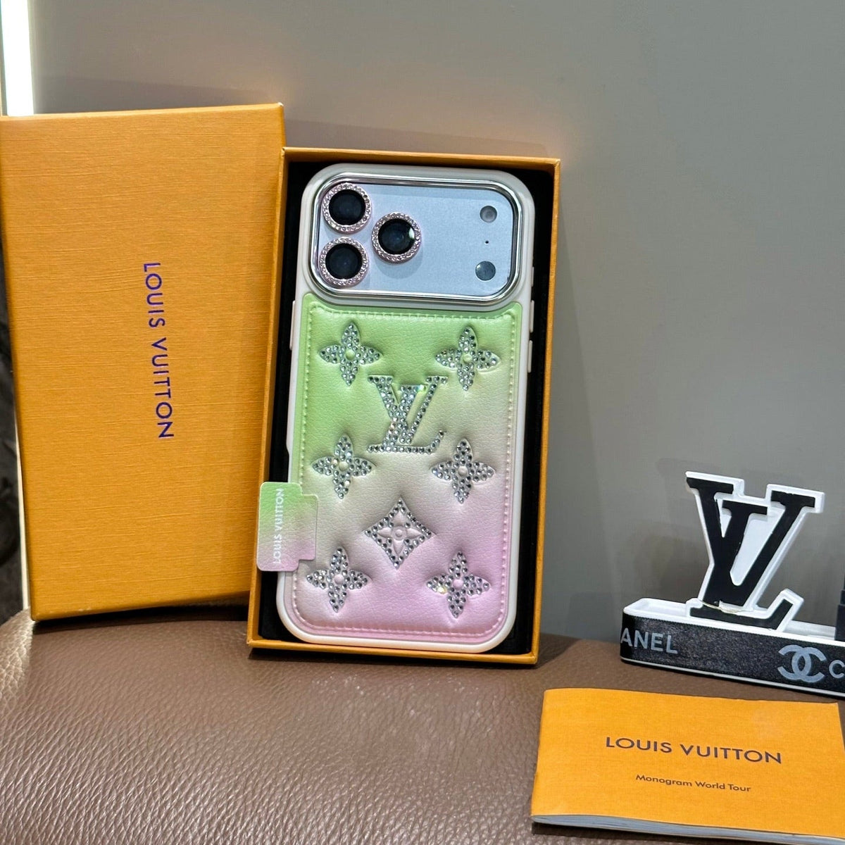 Gradient Crystal Monogram Leather Phone Case For iPhone 13-17