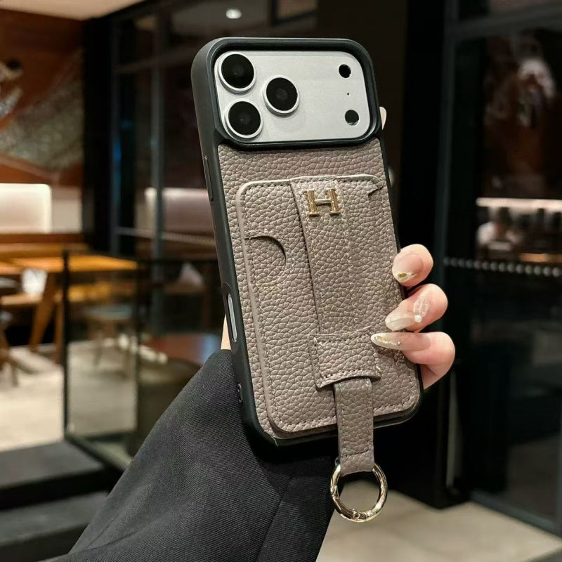 Luxury Pebbled Leather iPhone Case with Wallet Pocket Hand Strap