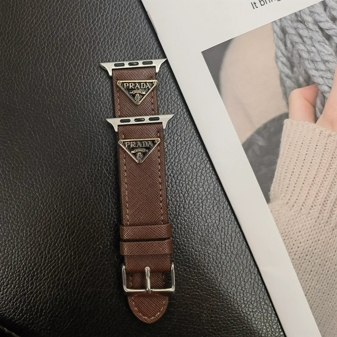 Classic Double Triangle Monogram Label Leather Apple Watch Band