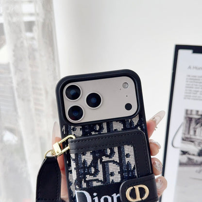 Dior Leather Phone Case with Card Wallet and Strap For iPhone12-18 Series