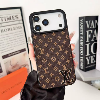 Luxury LV Leathe with Black Logo Phone Case for iPhone 12-18 Pro & Pro Max