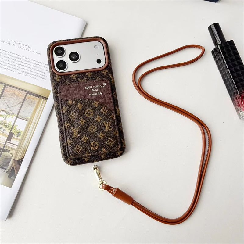 Luxury Monogram Cardholder Phone Case with Lanyard Strap For iPhone 13-18 Pro & Pro Max