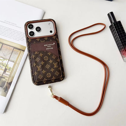 Luxury Monogram Cardholder Phone Case with Lanyard Strap For iPhone 13-18 Pro & Pro Max