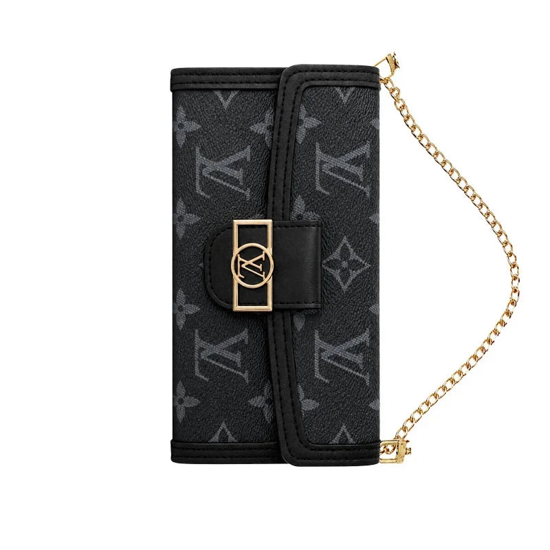 Luxury Leather Monogram iPhone Case With Flip Wallet And Crossbody Strap