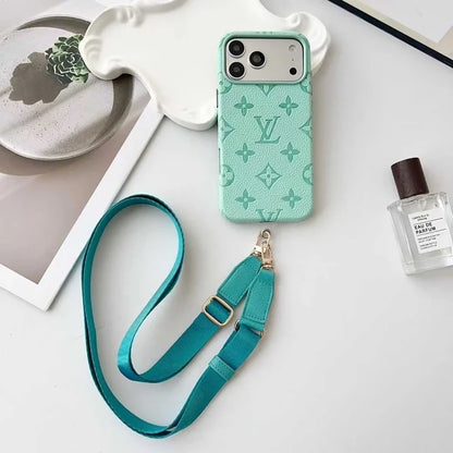 Luxury LV Leather Case with Designer Crossbody Strap for iPhone 13-18 Pro & Pro Max