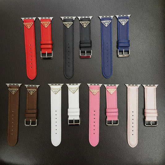 Classic Double Triangle Monogram Label Leather Apple Watch Band