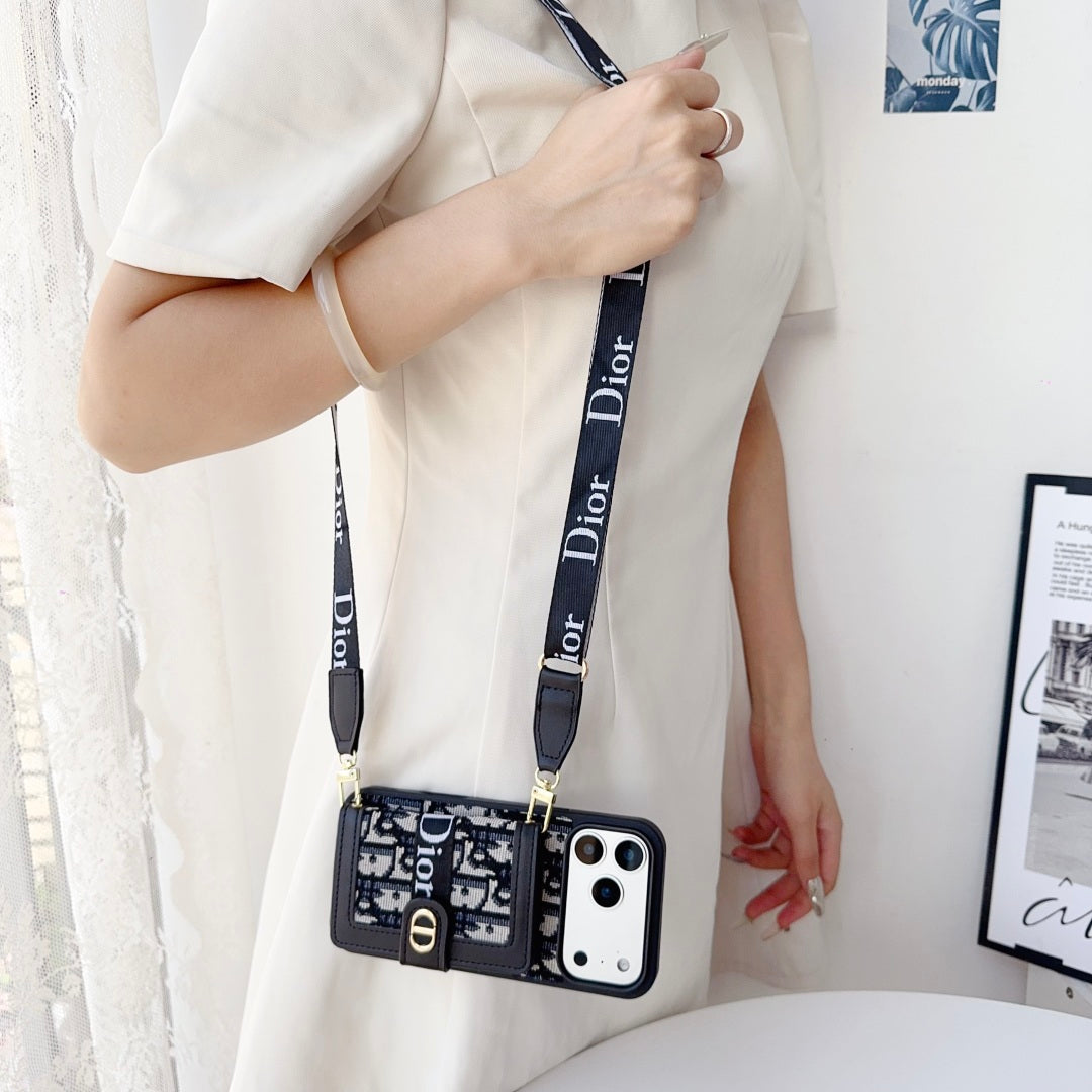 Dior Leather Phone Case with Card Wallet and Strap For iPhone12-18 Series