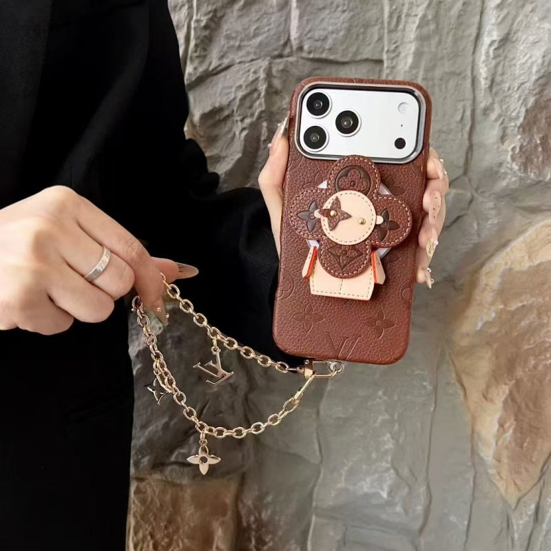 Premium Monogram Leather Case with Rotating Stand for iPhone 13-17 Series