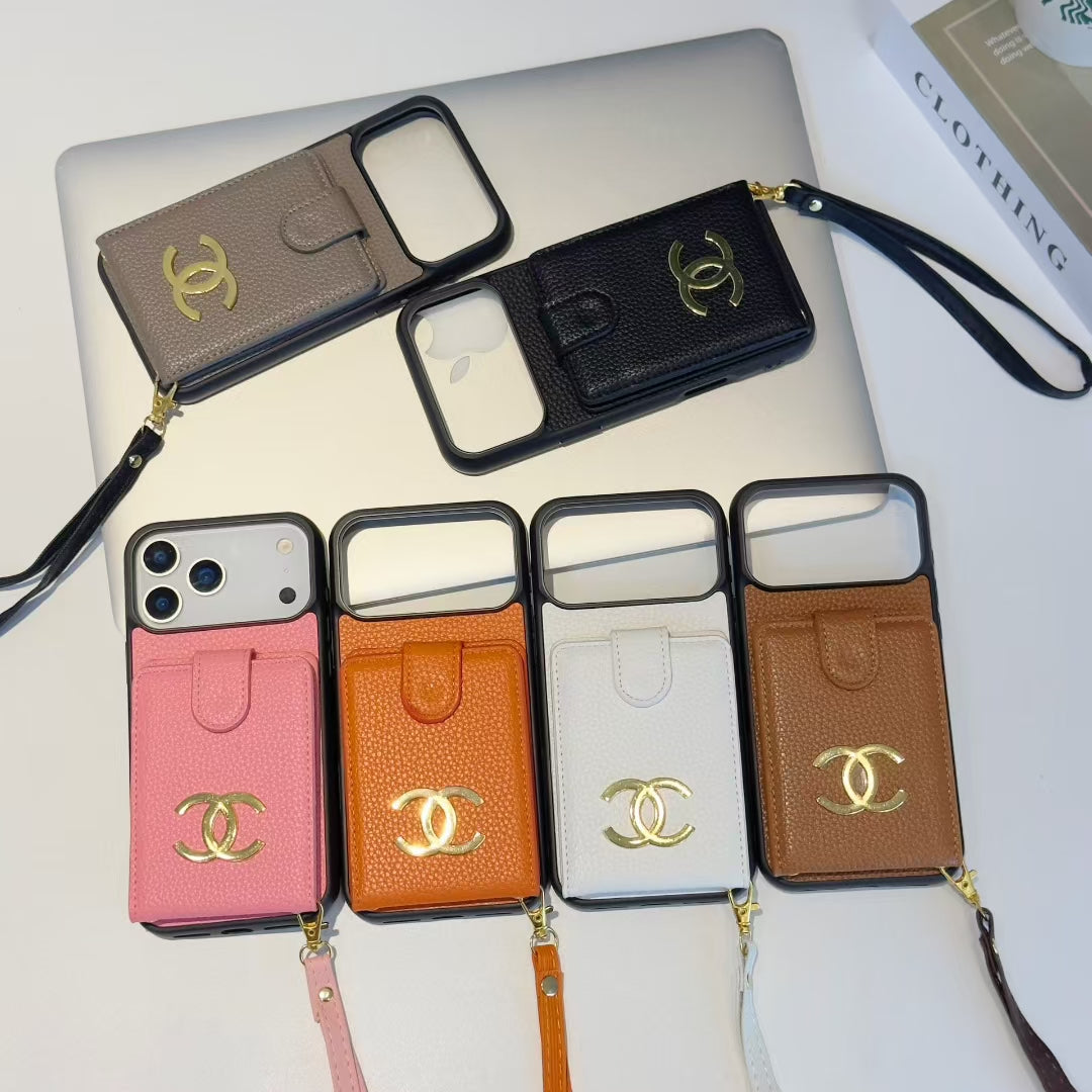 Premium Chanel Leather Phone Case with Strap for iPhone Case