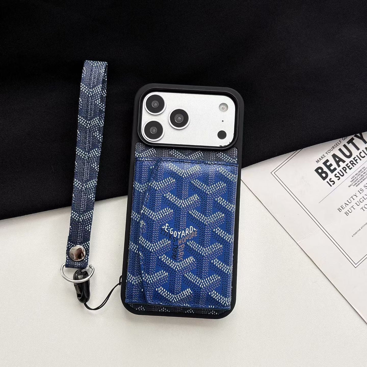 Luxury GYD Pattern Tri-Fold Wallet Phone Case with Matching Wristlet Strap for iPhone12-18 Pro & Pro Max