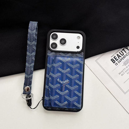 Luxury GYD Pattern Tri-Fold Wallet Phone Case with Matching Wristlet Strap for iPhone12-18 Pro & Pro Max