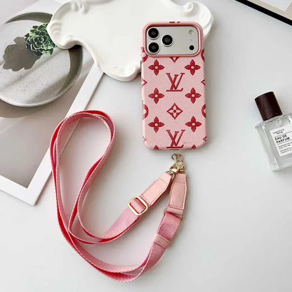Luxury LV Leather Case with Designer Crossbody Strap for iPhone 13-18 Pro & Pro Max