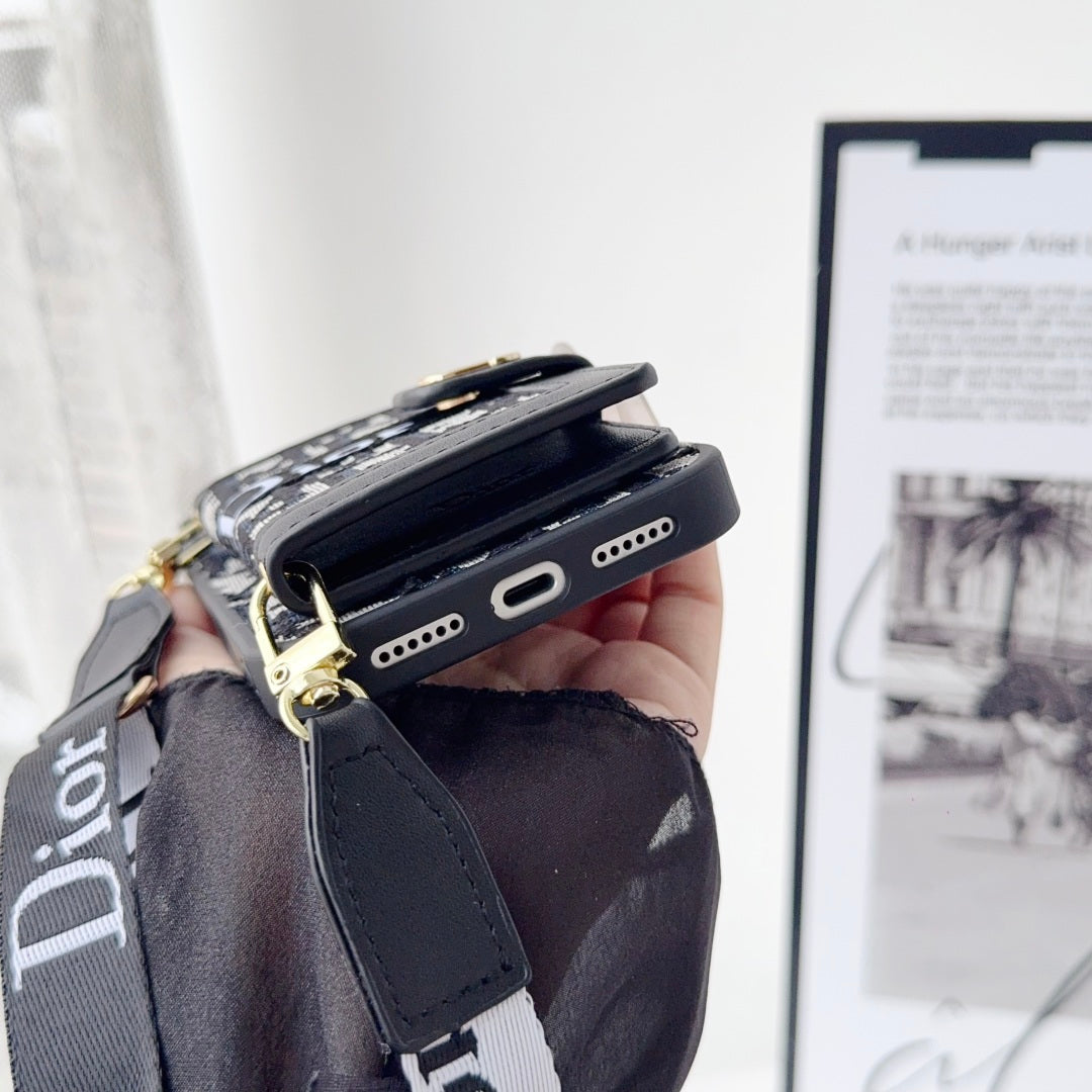 Dior Leather Phone Case with Card Wallet and Strap For iPhone12-18 Series