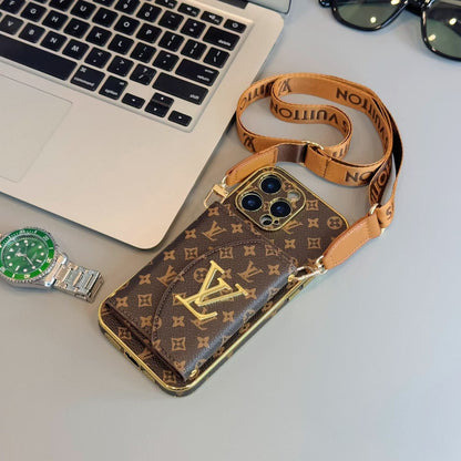 Luxury Crossbody Wallet iPhone Case | Designer Logo Card Holder with Adjustable Lanyard
