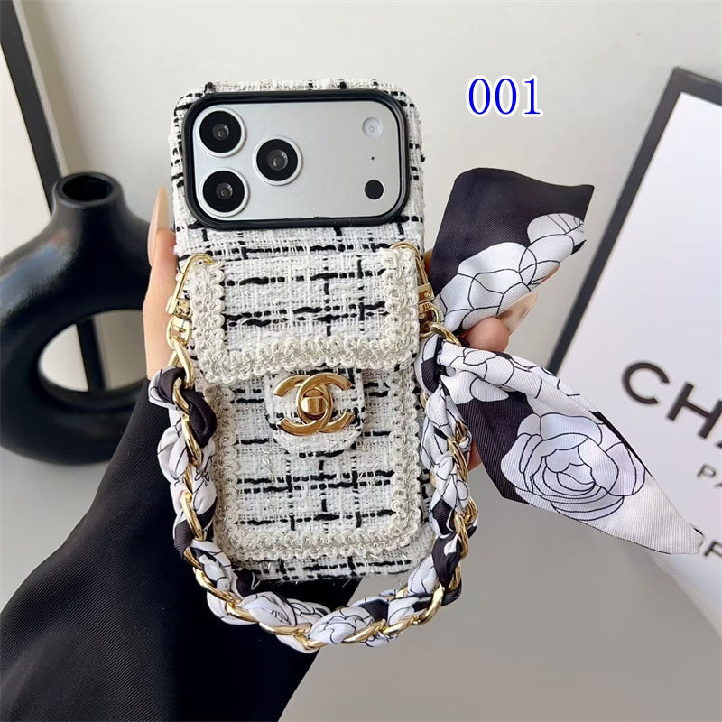 Luxury Tweed Designer Phone Case Classic Purse Style with Scarf Chain