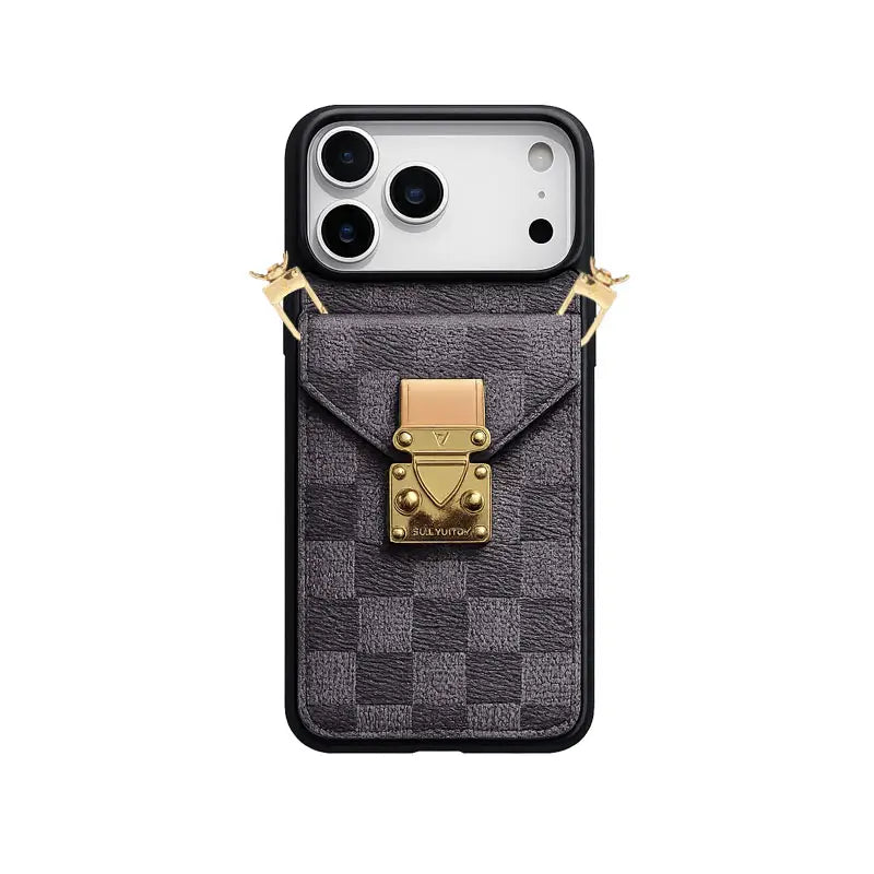 Premium Leather Monogram iPhone Case With Wallet And Crossbody Strap