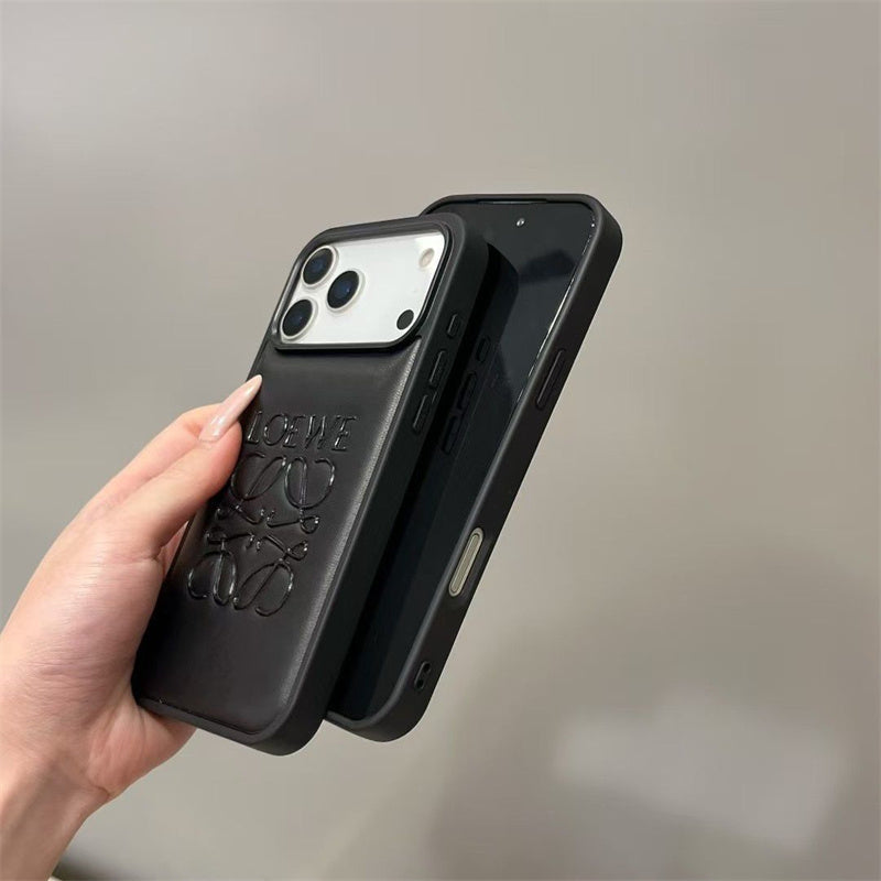 Luxury Loewe-Inspired Leather iPhone Case with Embossed Anagram Logo