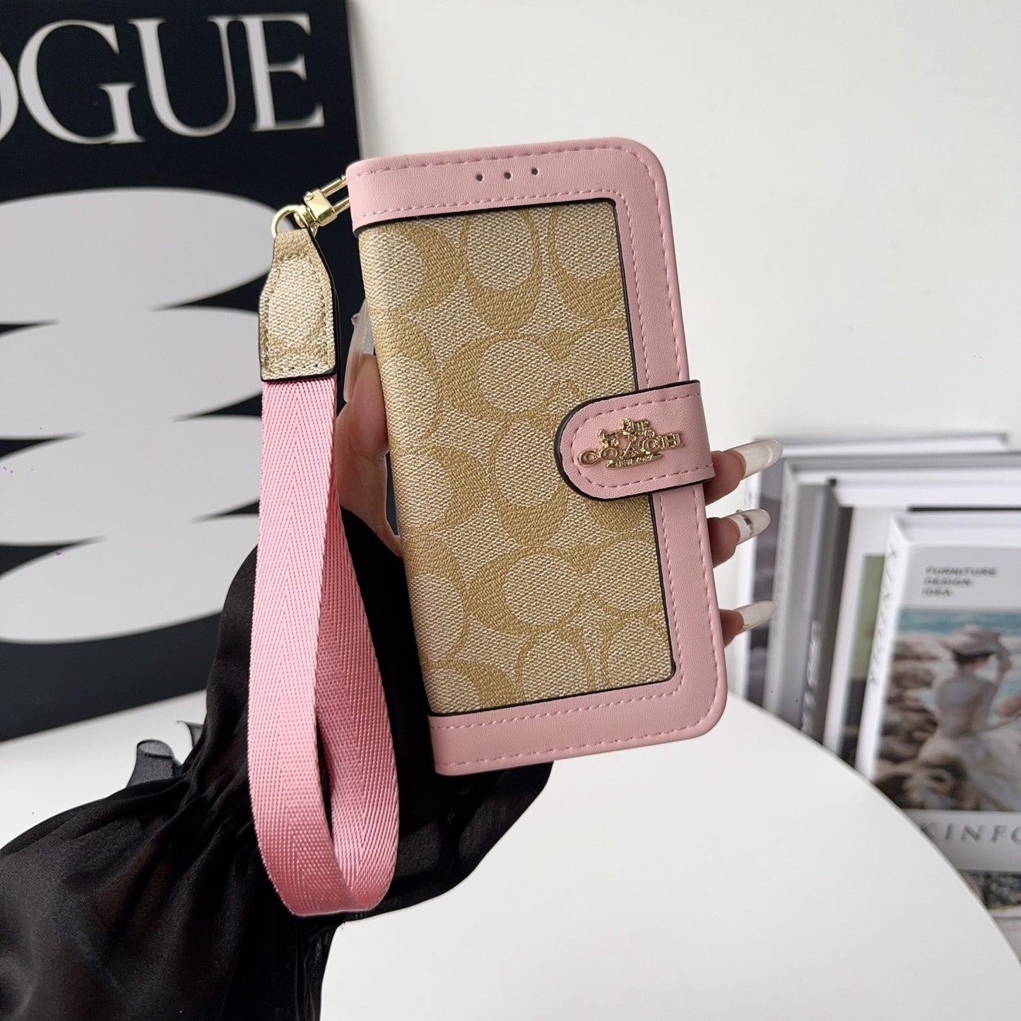 Luxury Monogram Canvas Wallet Case for iPhone 12-17 Detachable Wristlet & Card Holder