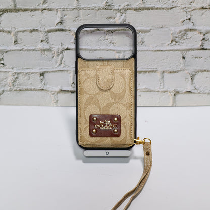 Luxury Monogram Card Holder Phone Case with Strap for iPhone 12-17 Series