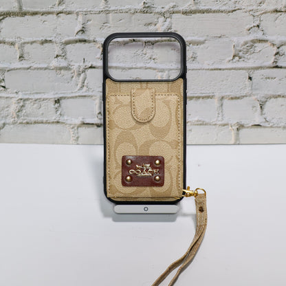 Luxury Monogram Card Holder Phone Case with Strap for iPhone 12-17 Series