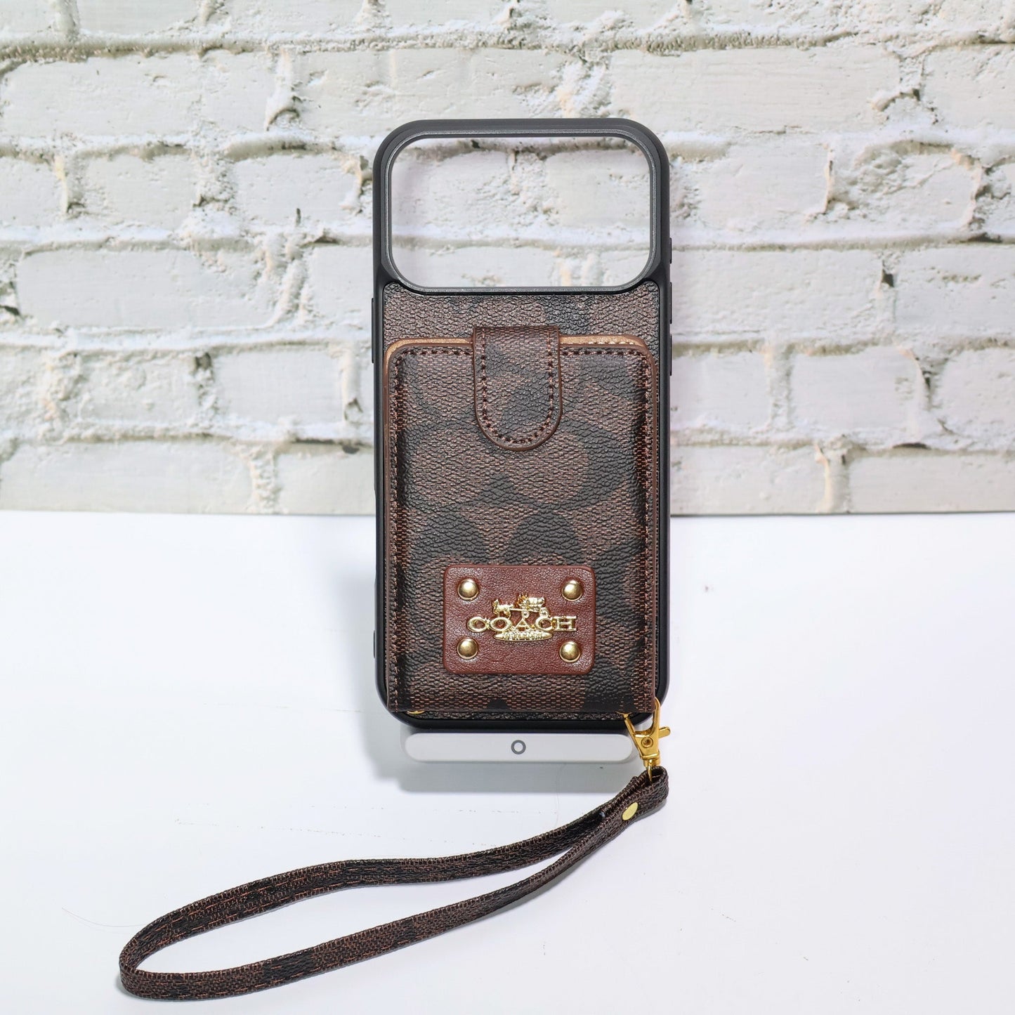 Luxury Monogram Card Holder Phone Case with Strap for iPhone 12-17 Series