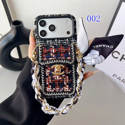Luxury Tweed Designer Phone Case Classic Purse Style with Scarf Chain