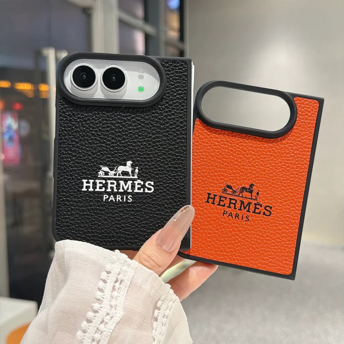 Luxury Textured Hermes Leather Logo Printed Case for iPhone Duo