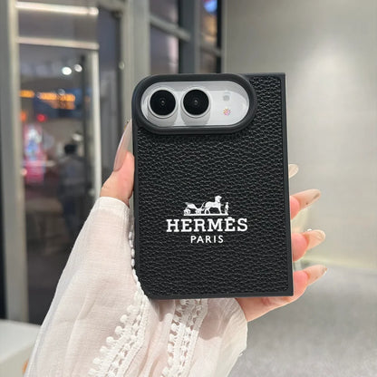 Luxury Textured Hermes Leather Logo Printed Case for iPhone Duo