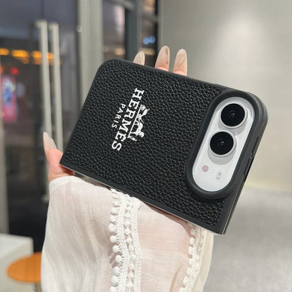 Luxury Textured Hermes Leather Logo Printed Case for iPhone Duo