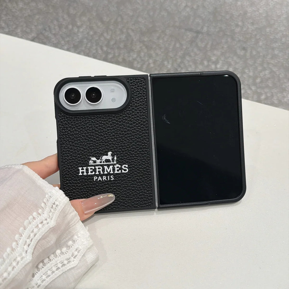 Luxury Textured Hermes Leather Logo Printed Case for iPhone Duo