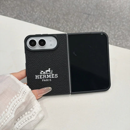 Luxury Textured Hermes Leather Logo Printed Case for iPhone Duo