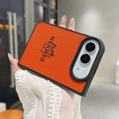 Luxury Textured Hermes Leather Logo Printed Case for iPhone Duo