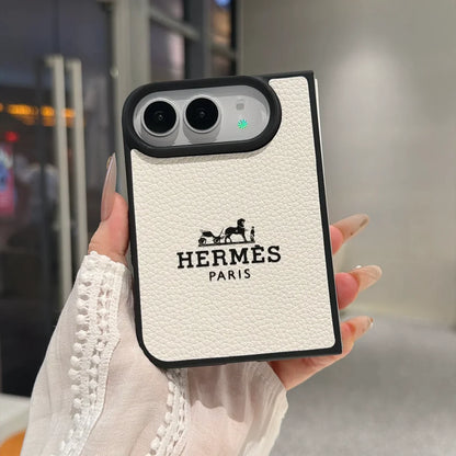 Luxury Textured Hermes Leather Logo Printed Case for iPhone Duo