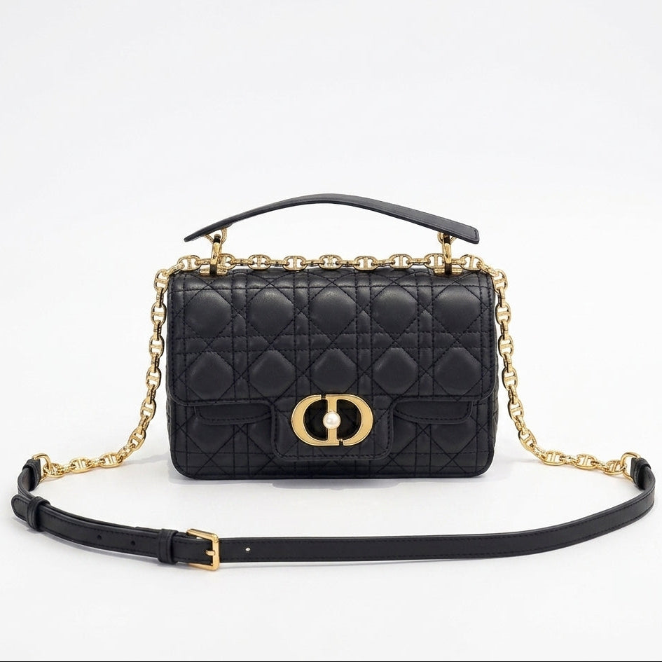 Quilted leather bag with flap closure - Gold chain crossbody bag with pearl clasp