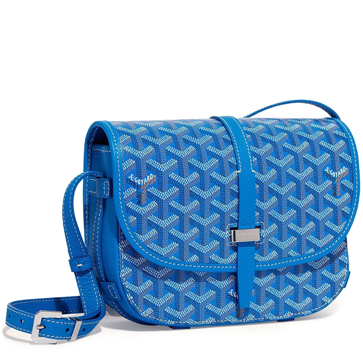 Luxury Goyardine canvas saddle crossbody bag in bright blue