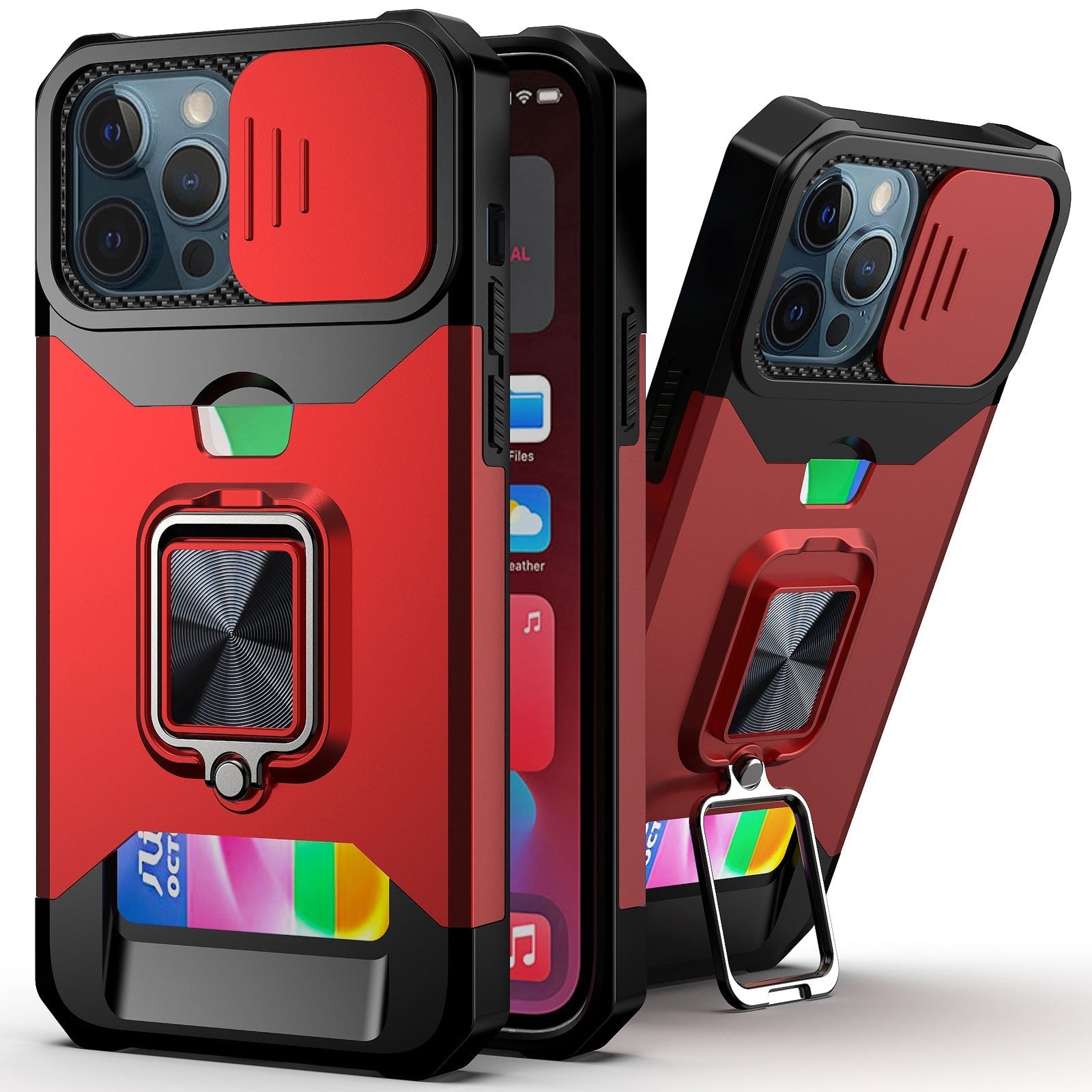 Slide Camera Cover Kickstand Card Wallet Case for iPhone 14 Shockproof Grade Protective Phone Case - theroxymob