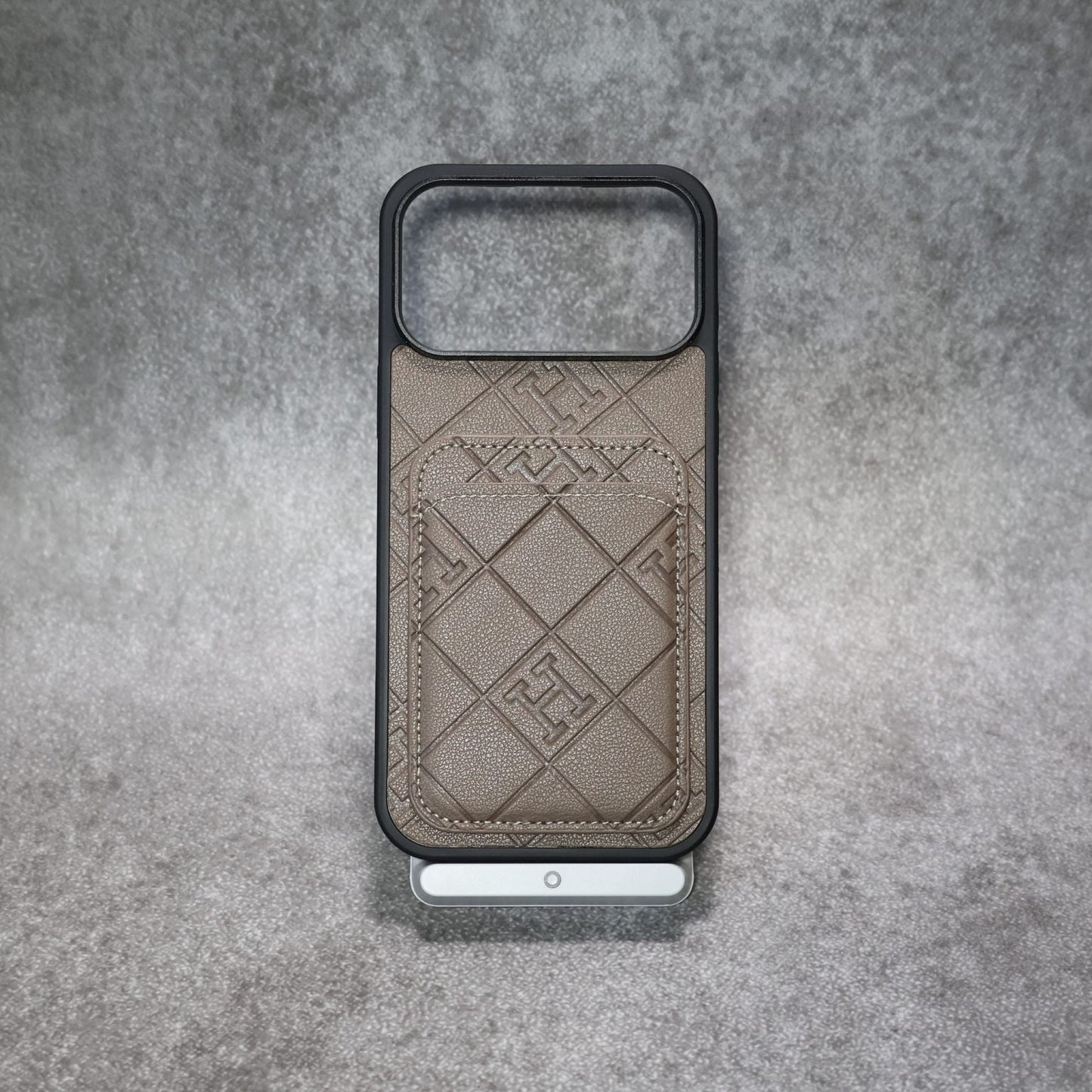 Stamped Leather H Phone Case With Card Holder  For iPhone 17 / 16 / 15 / 14