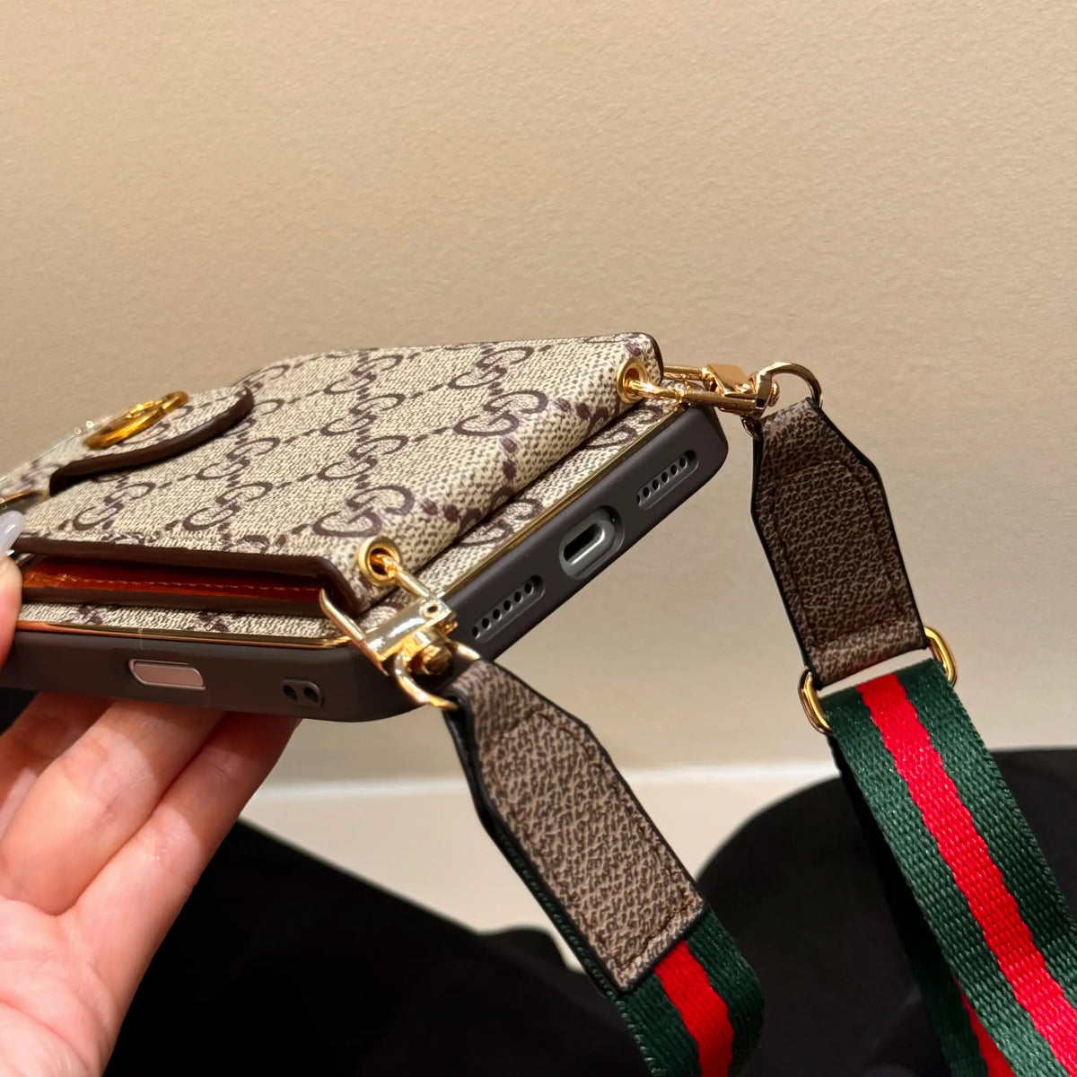 Classic GG Leather Card Wallet Case with Strap for iPhone 12-18