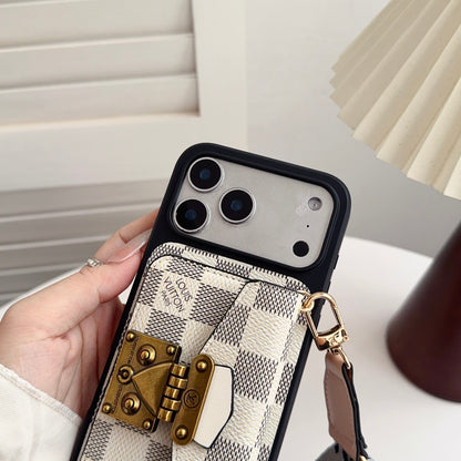 Luxury Leather Monogram iPhone Case With Card Holder And Strap