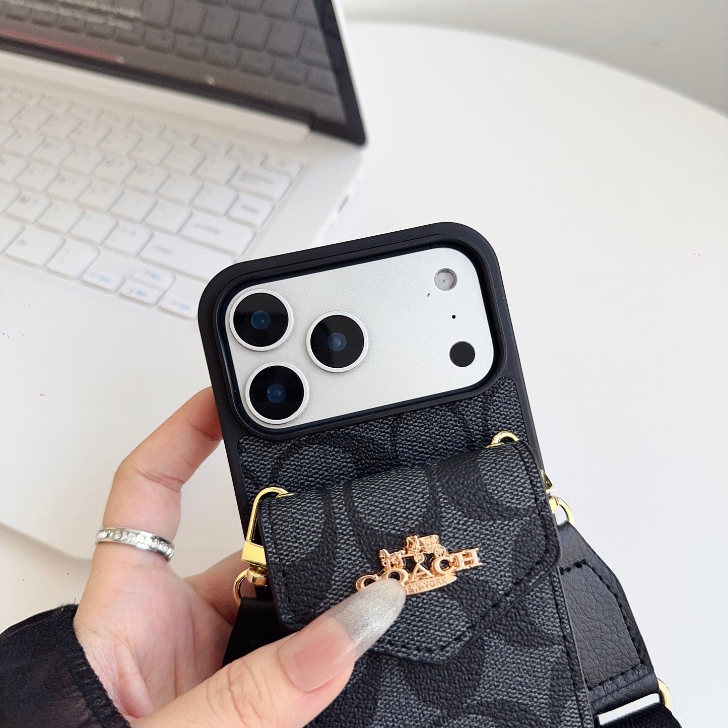 Leather Coach iPhone Case With Card Holder And Strap