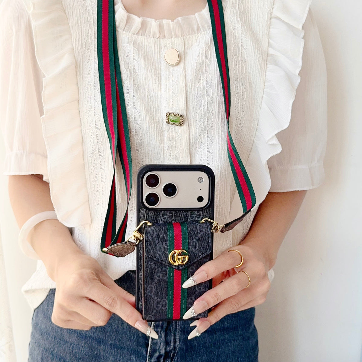 Classic Leather GG iPhone Case With Card Holder And Strap