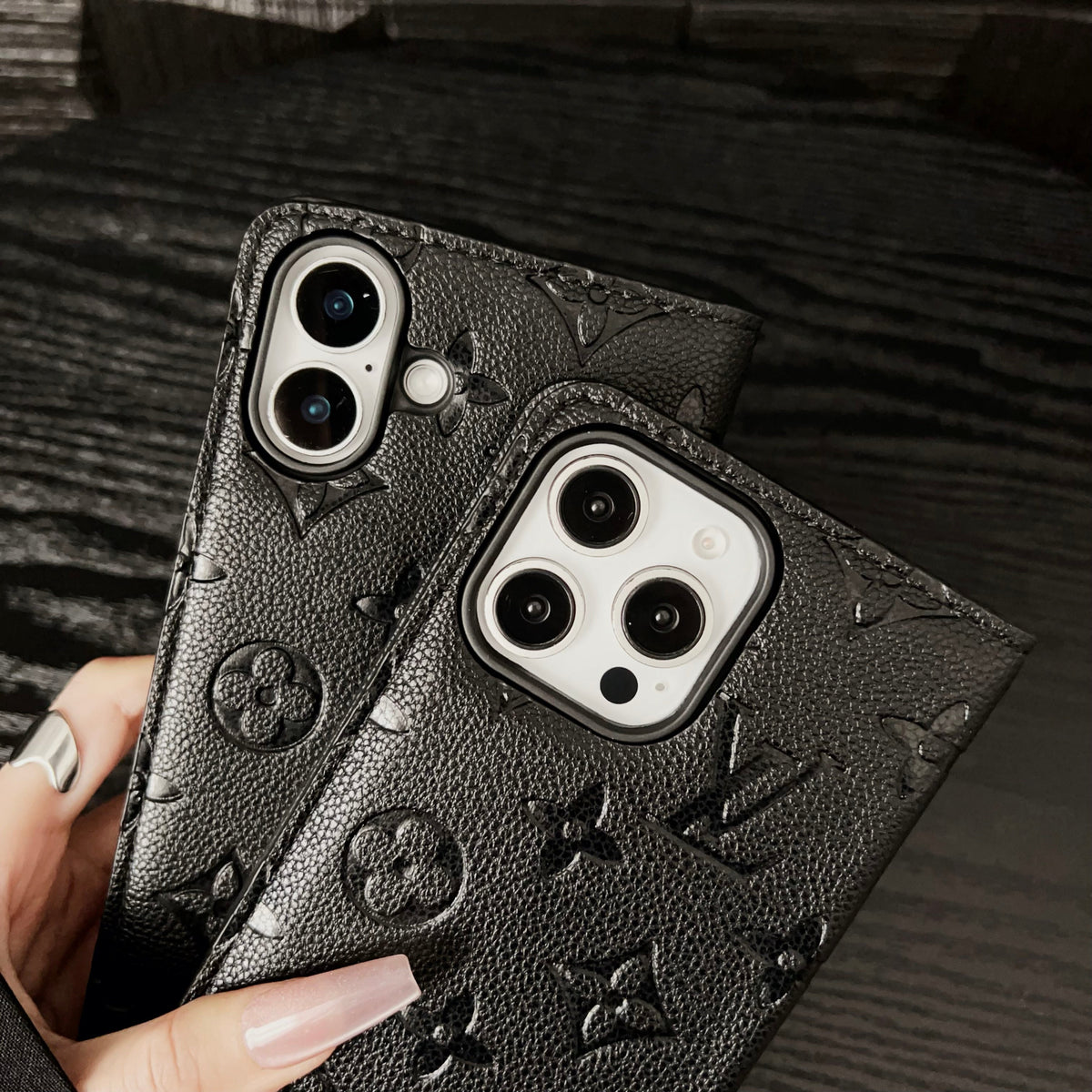 Premium Leather Folio Monogram iPhone Case With Card Holder
