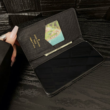 Premium Leather Folio Monogram iPhone Case With Card Holder