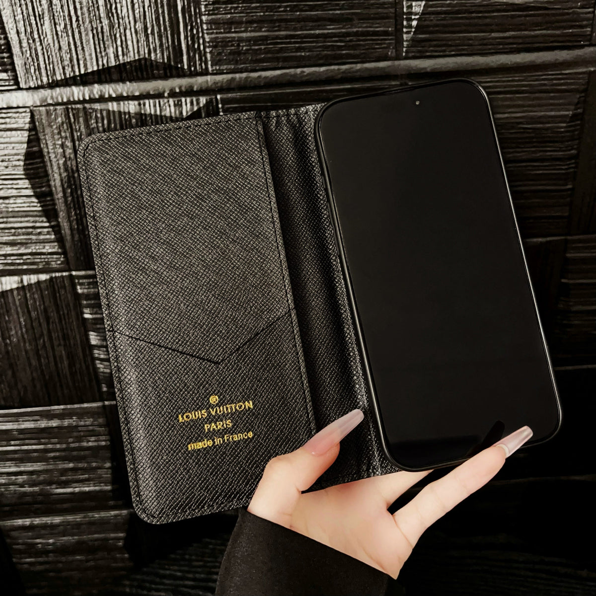 Premium Leather Folio Monogram iPhone Case With Card Holder