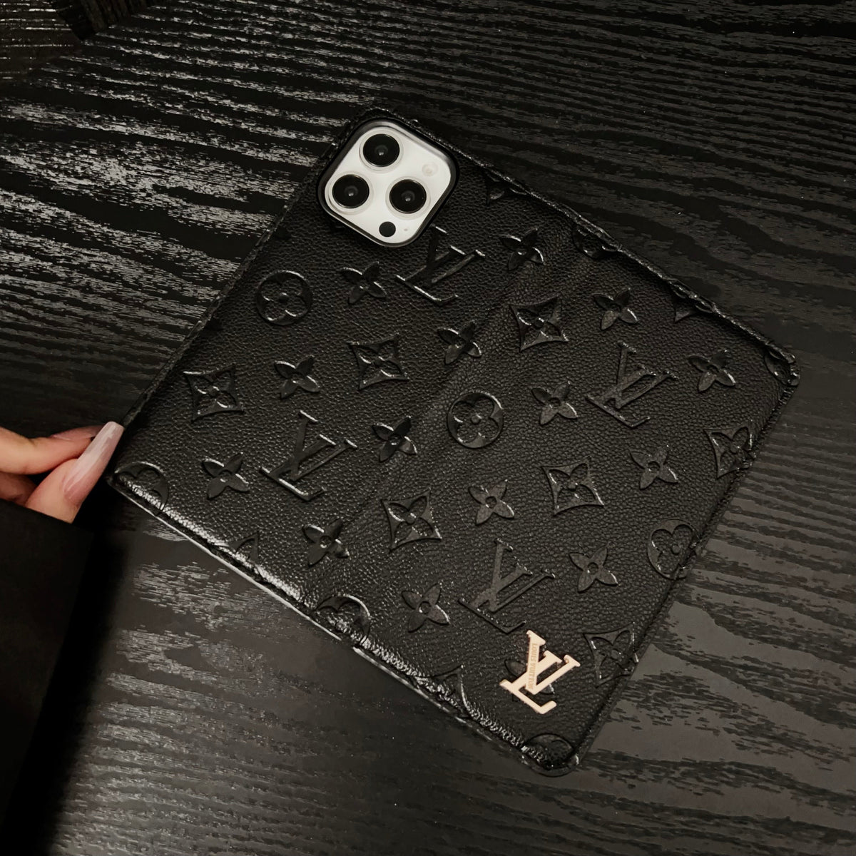 Premium Leather Folio Monogram iPhone Case With Card Holder