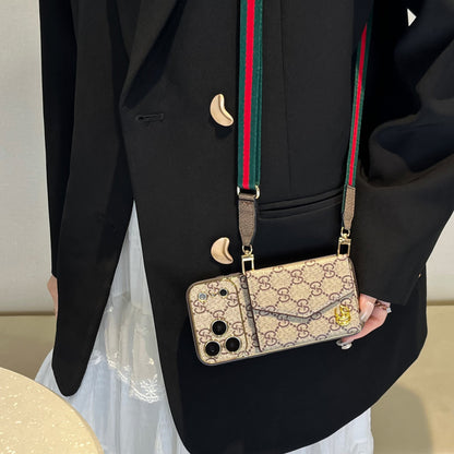 GG Premium Leather Wallet Case with Crossbody Strap for iPhone 12-18