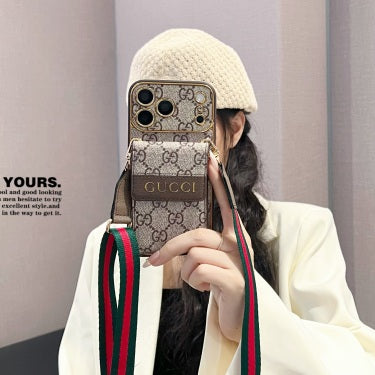 Premium GG Leather Card Holder Case with Strap for iPhone 12-18